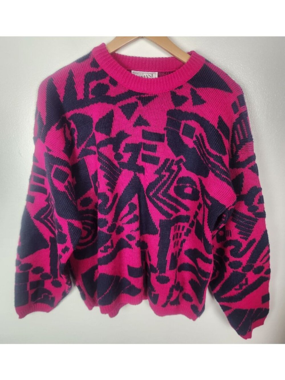 Vtg. Domani Women's Sz. XL Pink & Navy Long Sleeve Sweater